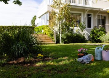 Watering cans with flower pots and dirt on grassy land in yard outside house. Unaltered, gardening, organic and nature concept.